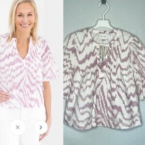Saylor Lavender White Ikat Pintucked Tie Front Top Size Small